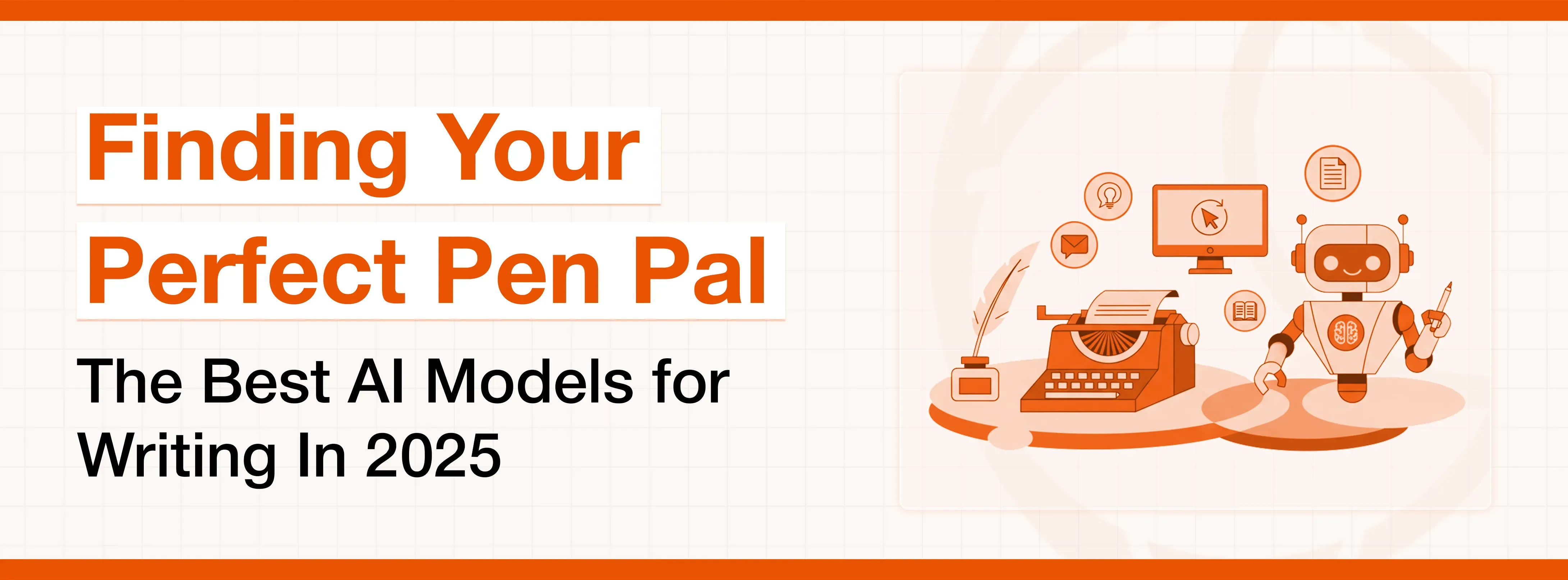 Illustrates AI writing with a robot, typewriter, computer, and quill pen, alongside headline text.