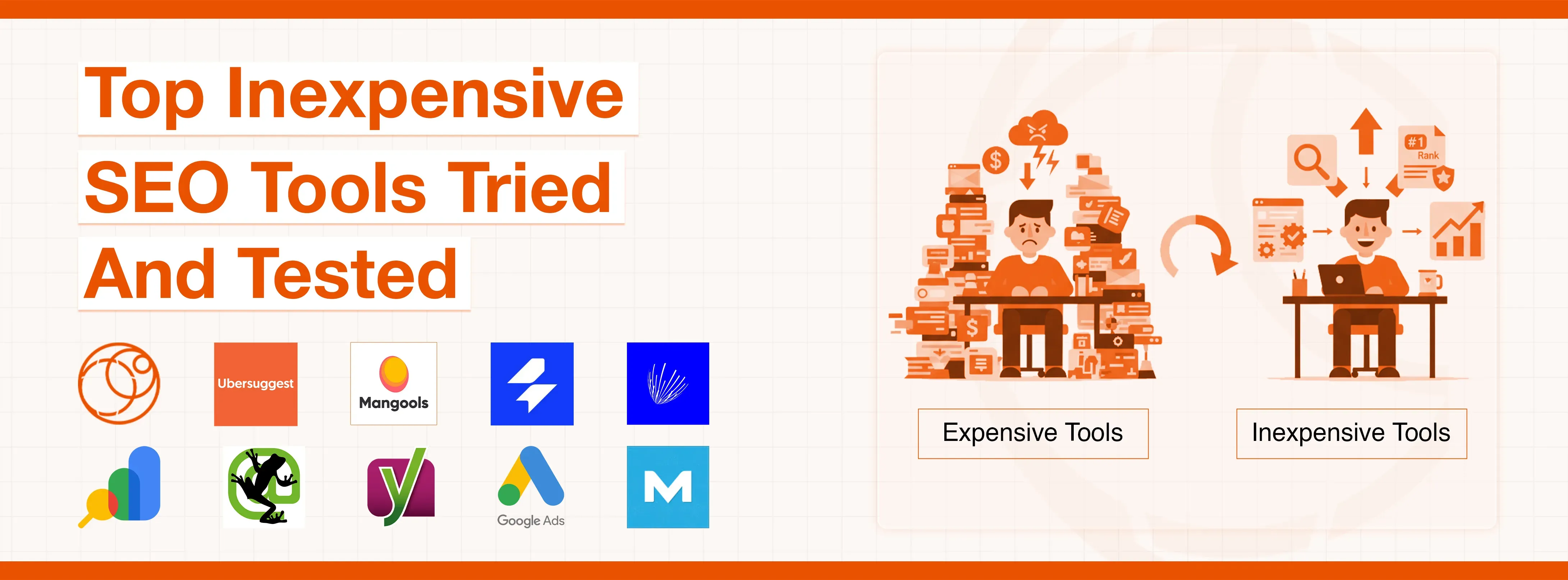 Graphic showing top inexpensive SEO tools and comparing expensive versus affordable tool usage.