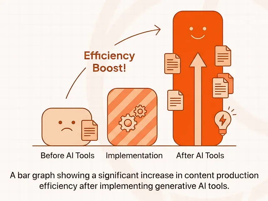 Illustrates content production efficiency increasing with AI tools, showing stages before, during, and after adoption.