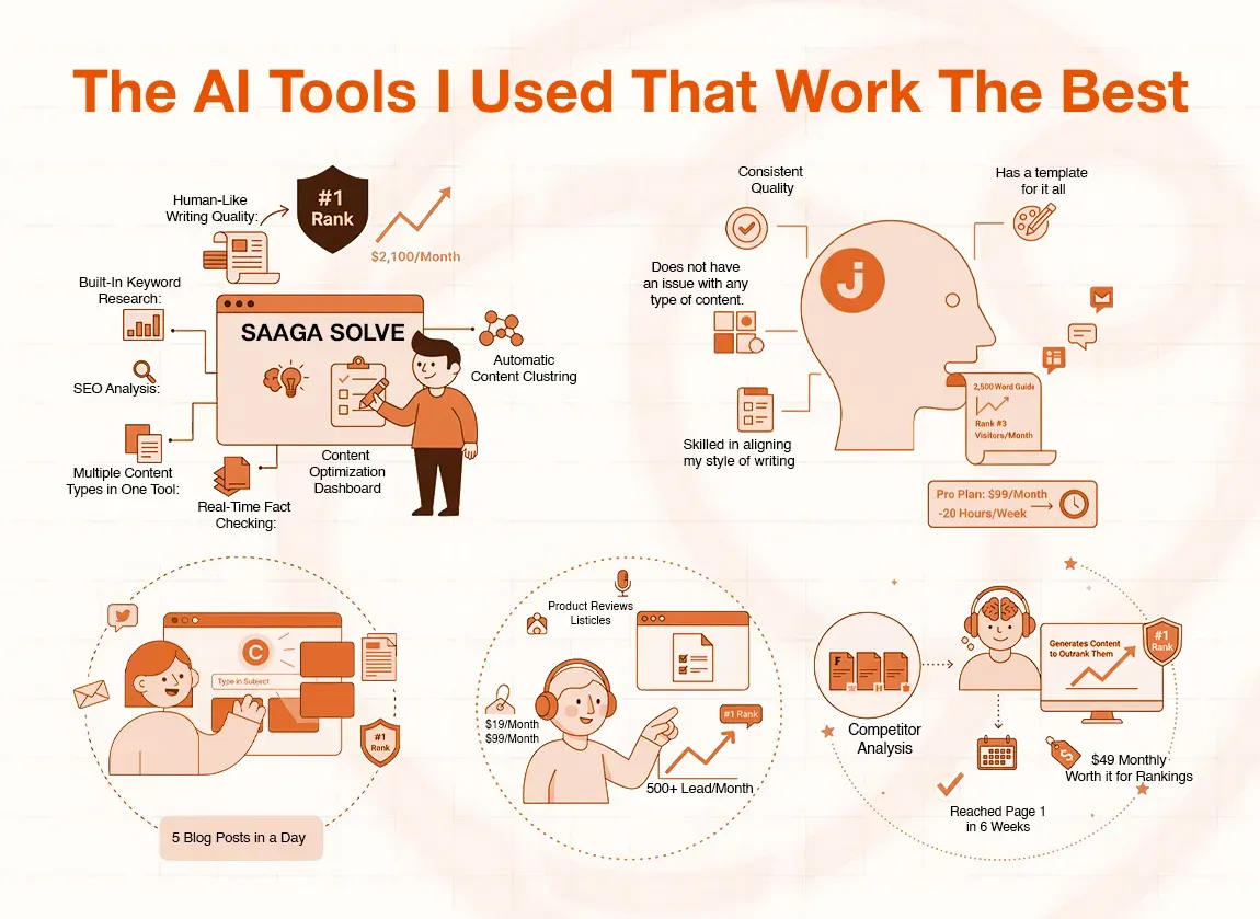 Infographic: AI tools including Sanga Score and Japer for content writing and SEO.