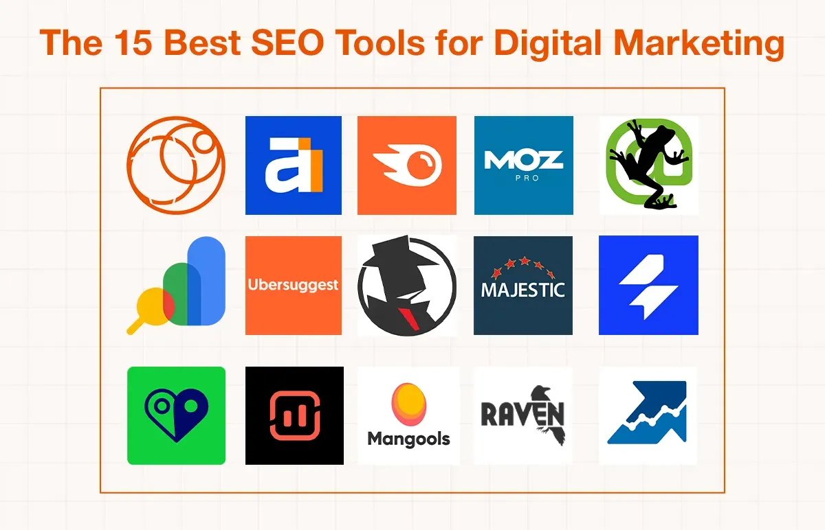 Logos for 15 top SEO and digital marketing tools.