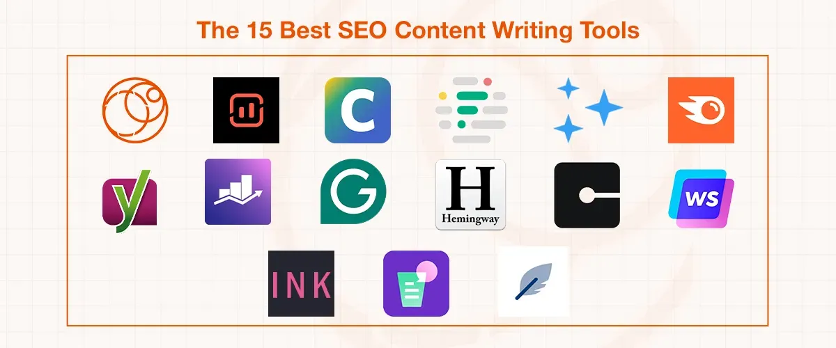 Logos of fifteen top SEO content writing tools displayed on a light background.