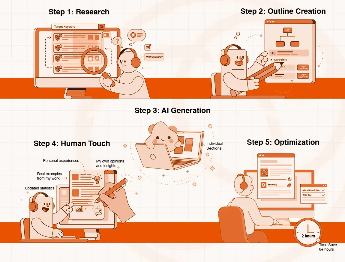A five-step diagram illustrating a content creation workflow with AI and human collaboration.