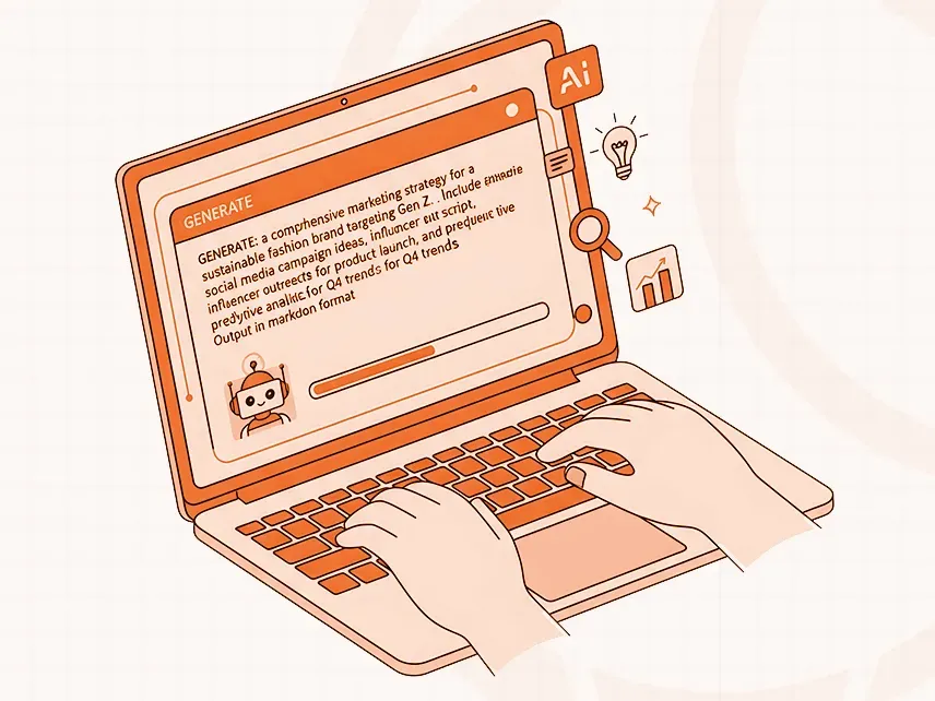 Hands typing on a laptop screen displaying an AI-generated marketing strategy document.