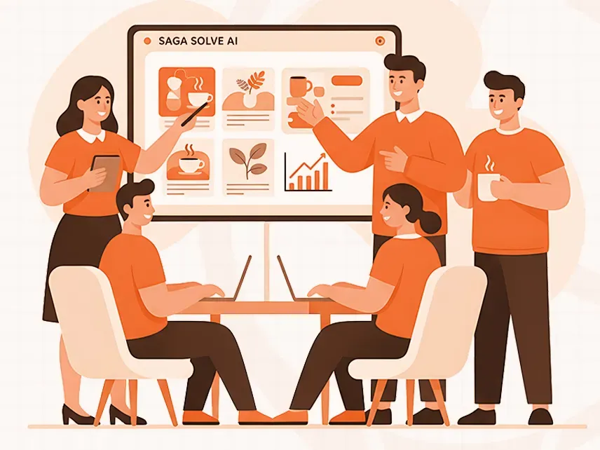 Five colleagues collaborate in a meeting room, pointing at a screen displaying project information.