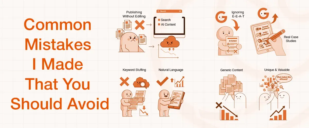 Infographic showing common SEO and content creation mistakes to avoid, with illustrative graphics.