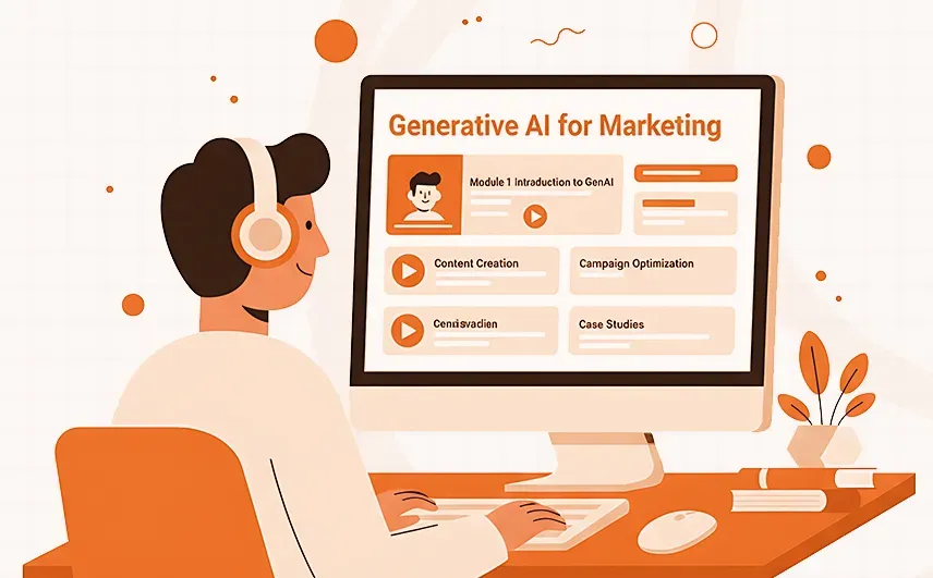 Person wearing headphones using a computer with 'Generative AI for Marketing' on screen.