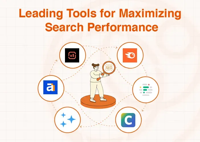 Illustration showing a person using six leading SEO tools to maximize search performance.