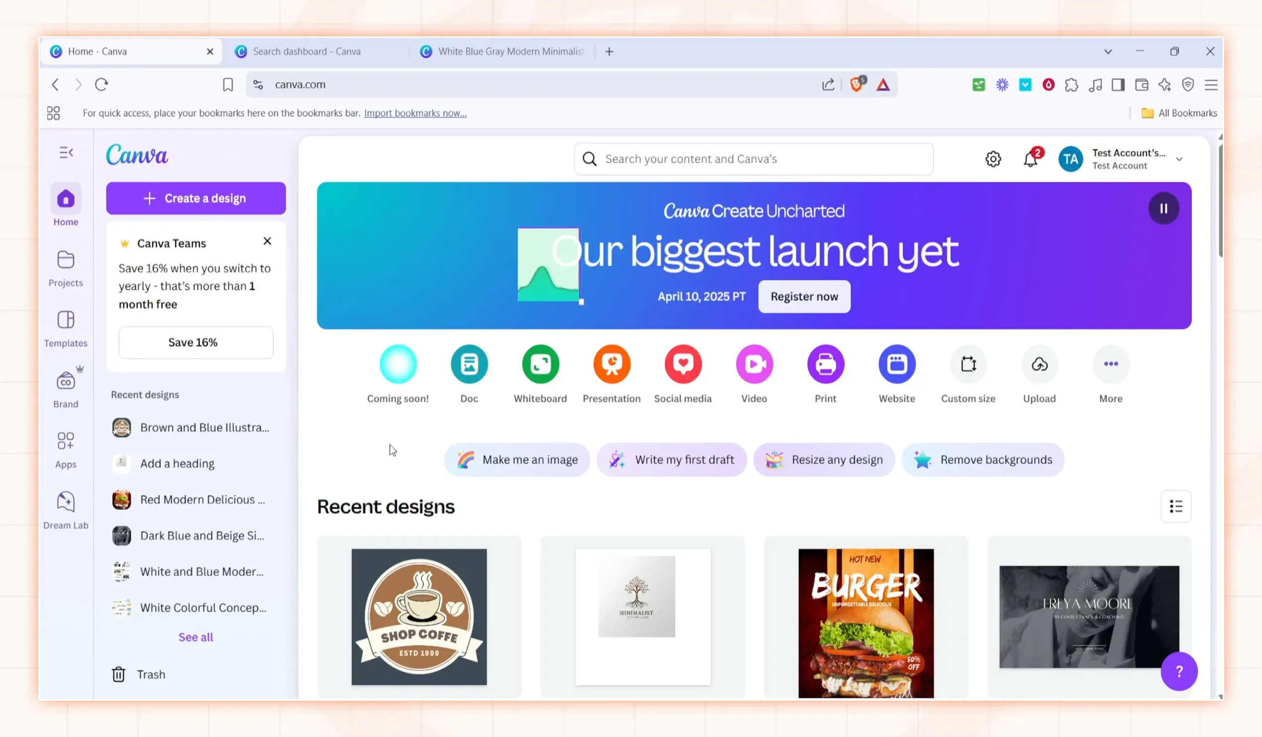 Canva dashboard interface showing design options, recent projects, and a