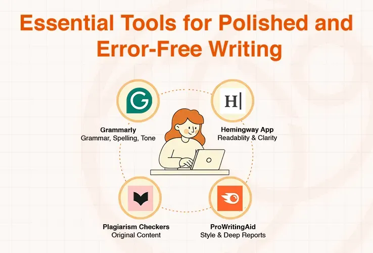Graphic illustrating essential writing tools: Grammarly, Hemingway App, Plagiarism Checkers, and ProWritingAid.