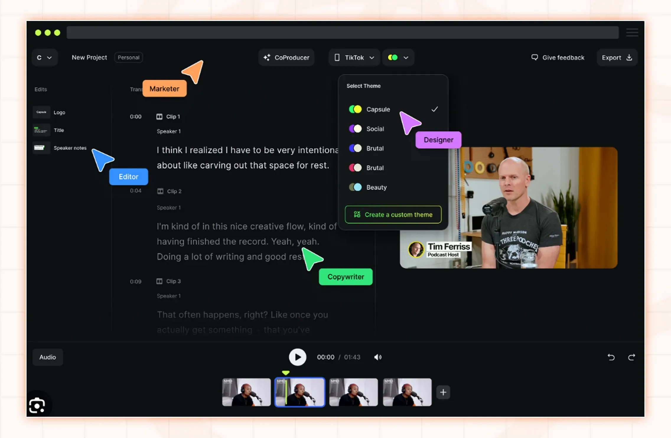 Video editing software interface displaying a transcript, video player, and annotation tools.