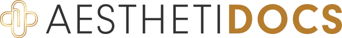 Golden logo featuring a stylized medical cross and the word AESTHETIDOCS in grey and gold.