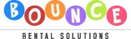 Logo for Bounce Rental Solutions, featuring colorful letters in circles on a black background.