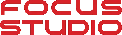 Red text spells 'FOCUS STUDIO' against a black background, representing the brand logo.