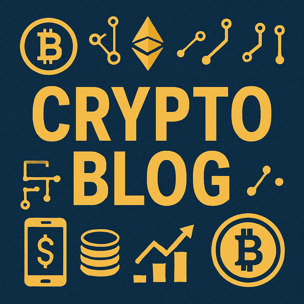 Yellow 'CRYPTO BLOG' text with cryptocurrency icons like Bitcoin and Ethereum on dark blue background.