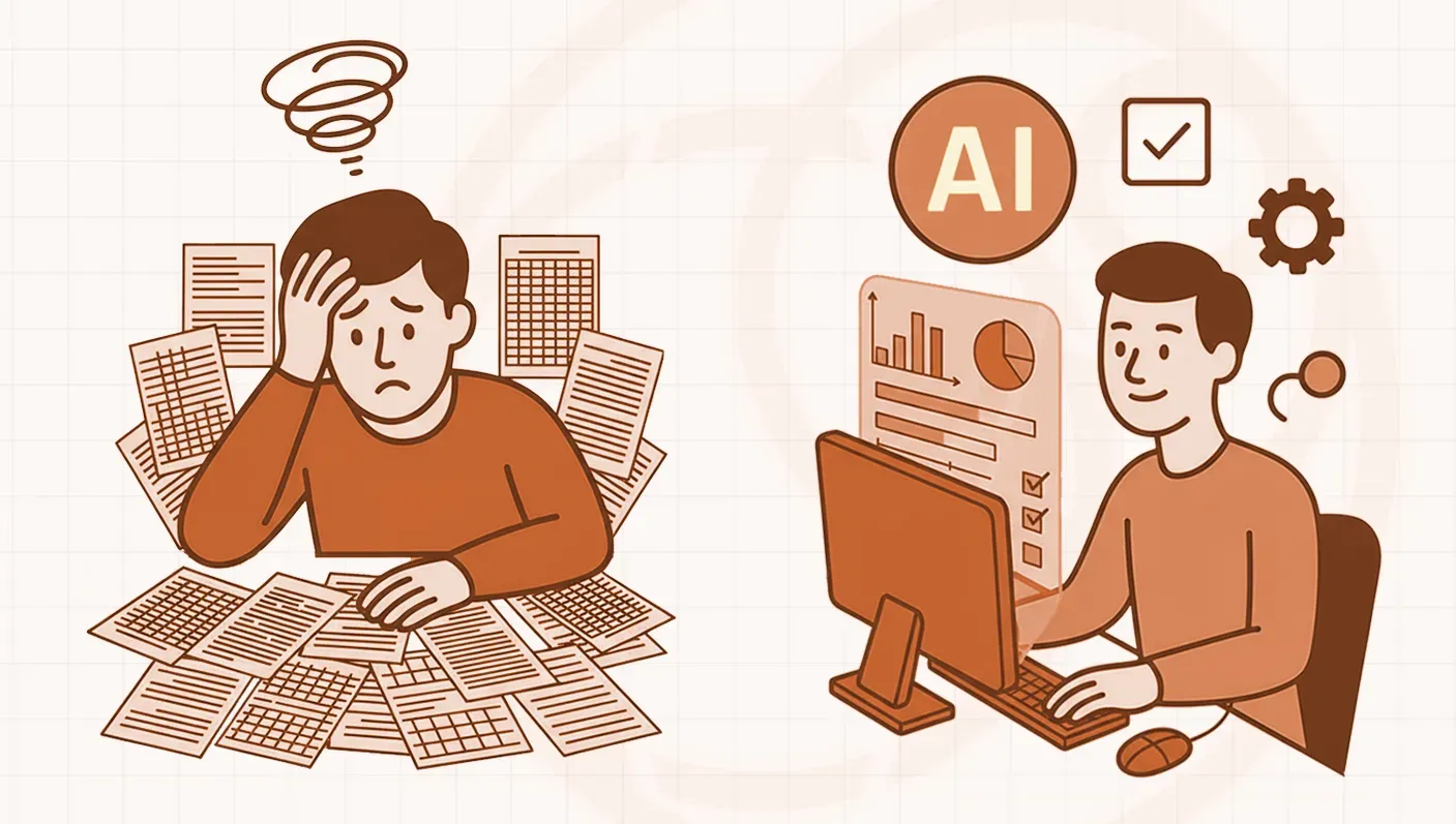 Stressed person overwhelmed by papers contrasts with a calm person efficiently using AI for data analysis.