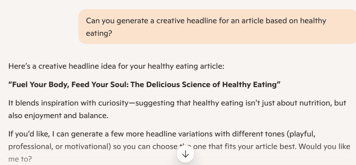 AI chat interface displaying a request for a healthy eating headline and the generated result.
