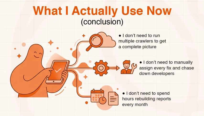 An orange cartoon figure interacts with a tablet, illustrating the benefits of a new system.