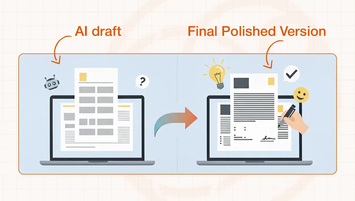 Illustration showing AI draft on laptop transforming into a final polished version with human edits.