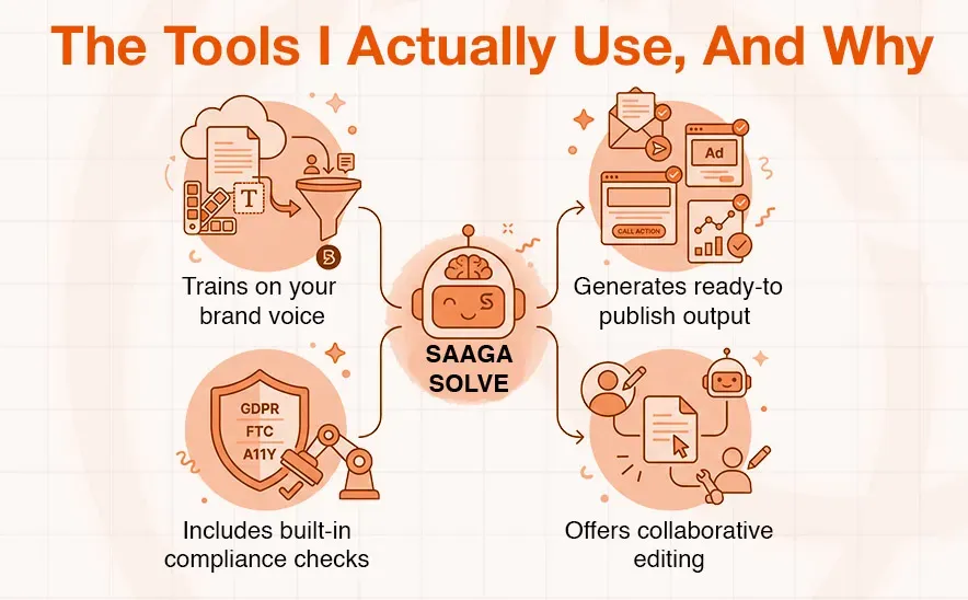 SAAGA SOLVE AI bot highlighting features like brand voice training, output generation, compliance, and collaborative editing.