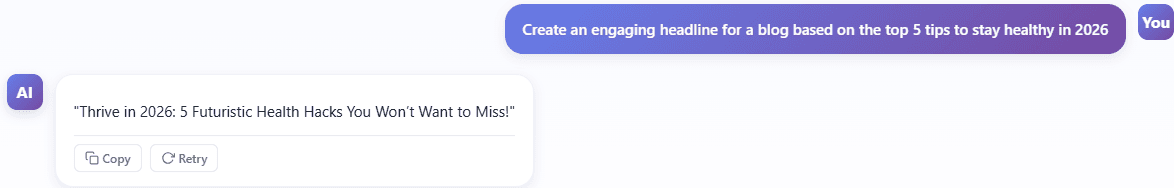 A chatbot generating a blog headline about 2024 health tips in a conversation.