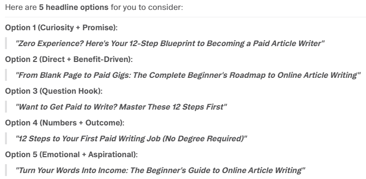 List of five headline options for article writing, categorized by their persuasive style.