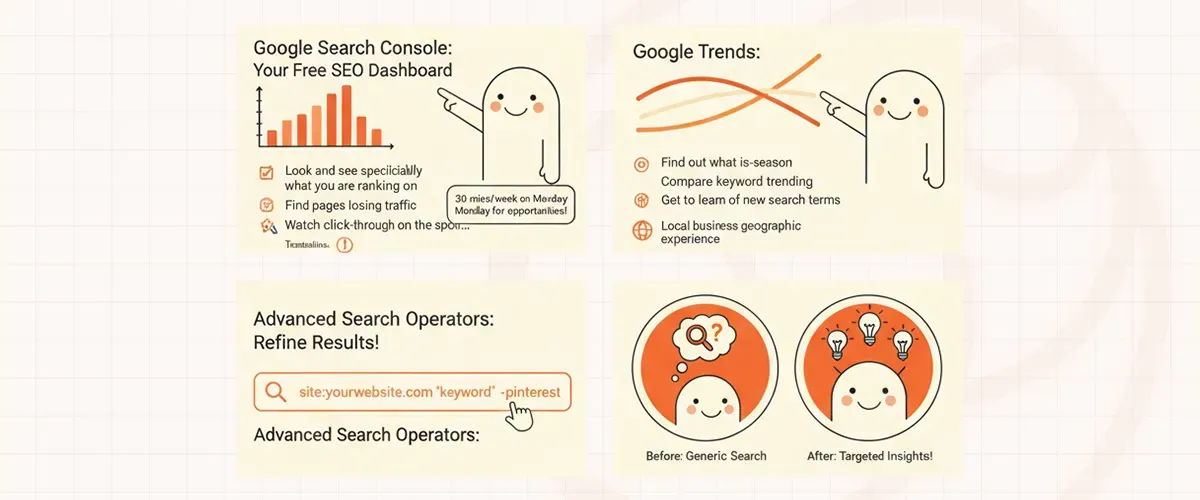 Illustration explaining Google Search Console and Google Trends features with cartoon characters.