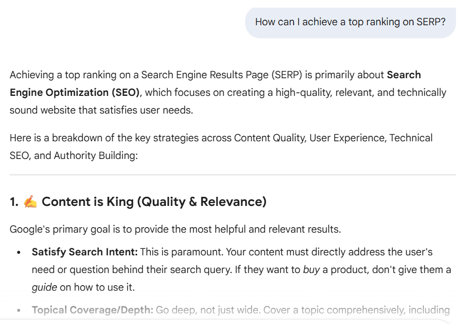 A chatbot screen explaining SEO strategies for top SERP ranking, focusing on content quality.