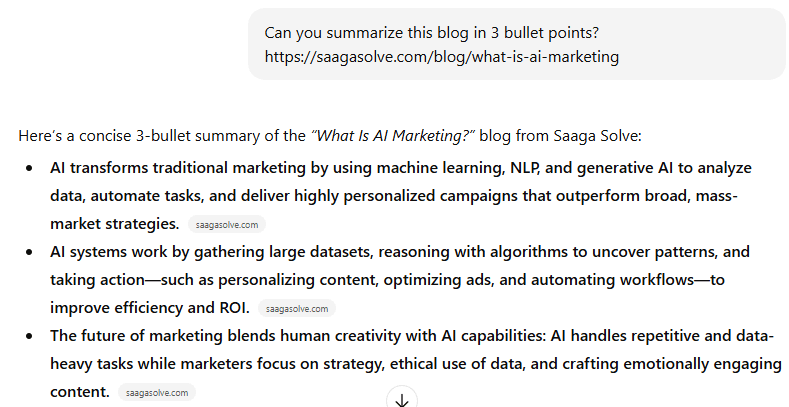 AI assistant summarizes a 'What is AI Marketing' blog post into three key bullet points.