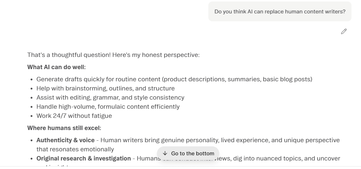 AI chat discusses capabilities of AI versus human strengths in content writing roles.