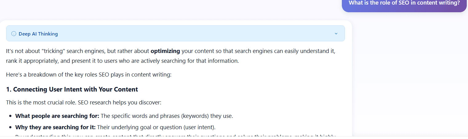 Document detailing SEO in content writing, content optimization, and understanding user intent.
