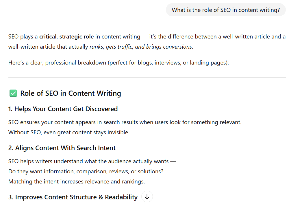 List outlining the critical role of SEO in content writing, focusing on discovery and intent.