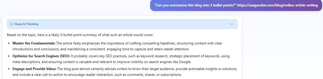 AI chat interface showing a blog post summarized into three bullet points on article writing.