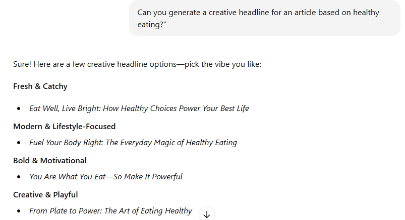 AI chat displays creative headline options for a healthy eating article, categorized by style.