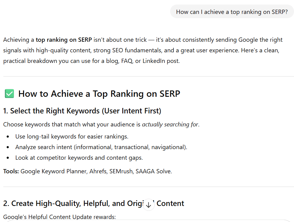 Guide on achieving top SERP ranking, outlining keyword selection and high-quality content creation strategies.