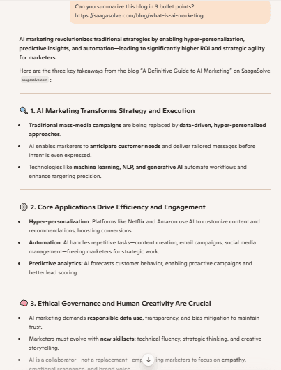 Document outlining AI marketing strategies, core applications, and ethical considerations in bullet points.