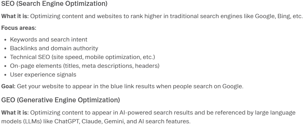 Text defines SEO and GEO, detailing their optimization strategies for traditional and AI search engines.