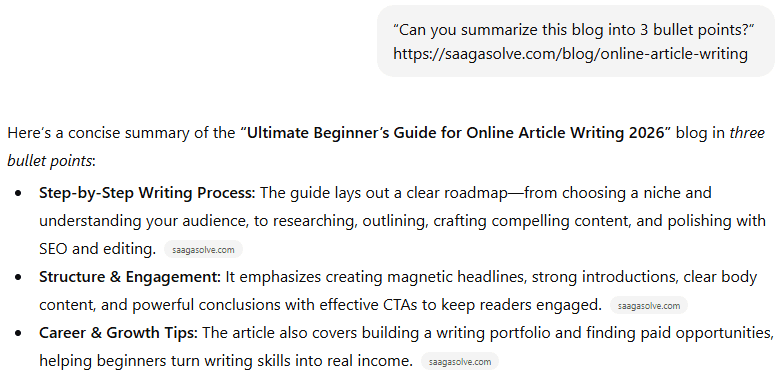 An AI summarizes an article writing guide into three bullet points: process, structure, and career.