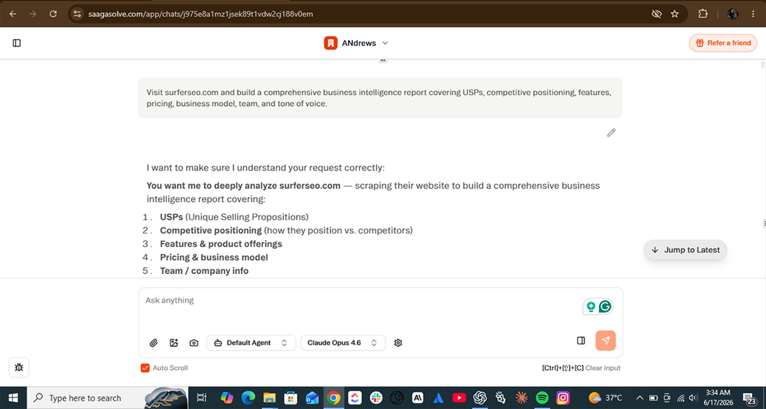 Screenshot of an AI chatbot displaying a conversation about business intelligence and strategic planning.